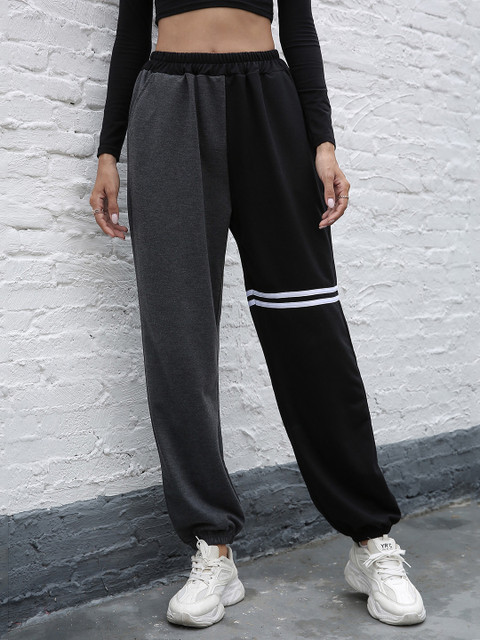 

URBANIC Women Charcoal Grey & Black Colourblocked Joggers