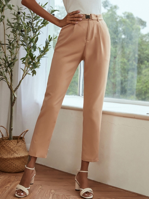 

URBANIC Women Beige Solid Crop High Rise Regular Trousers with Belt