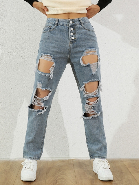 

URBANIC Women Blue Highly Distressed Ripped Straight Leg Jeans