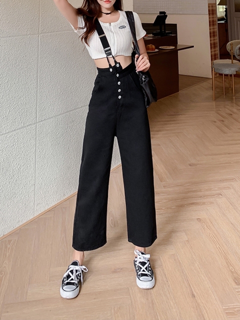 

URBANIC Women Black Solid Straight Leg Jeans with Suspenders
