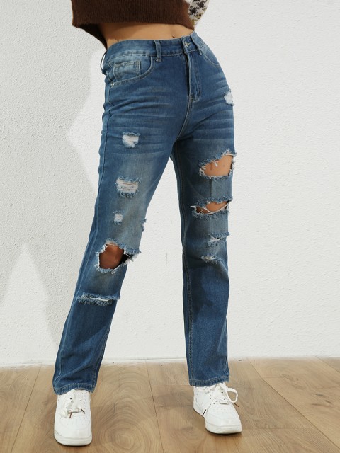 

URBANIC Women Blue Mom Fit Ripped Light Fade Cotton Non-Stretchable Jeans