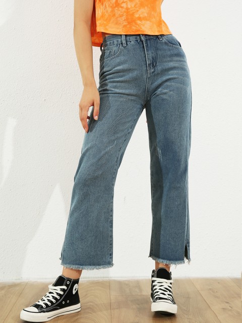 

URBANIC Women Blue Low Distress Light Fade Embroidered Straight Leg Jeans