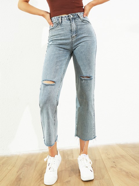 

URBANIC Women Blue Straight Fit High-Rise Slash Knee Light Fade Cropped Jeans