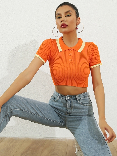 

URBANIC Women Orange Ribbed Polo Collar Slim Fit Knitted Cropped T-shirt