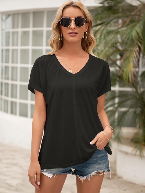 

URBANIC Women Black V-Neck Extended Sleeves T-shirt