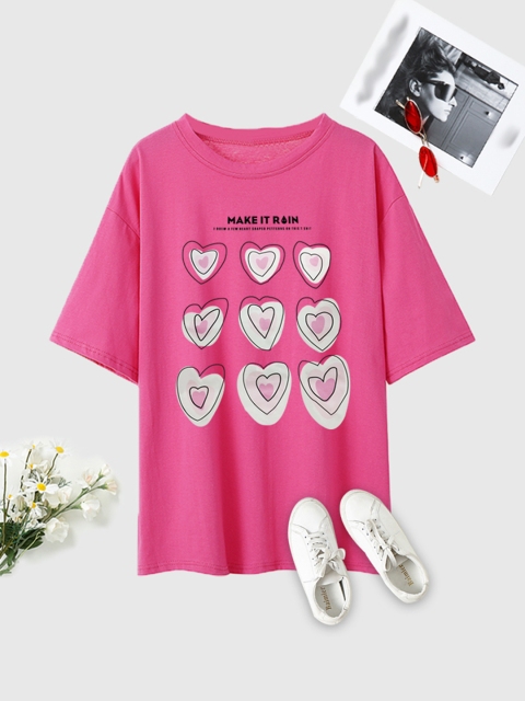 

URBANIC Women Pink & White Printed Drop-Shoulder Sleeves T-shirt