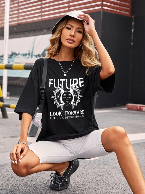 

URBANIC Women Black Printed Extra Relaxed Fit Cotton Oversized T-shirt