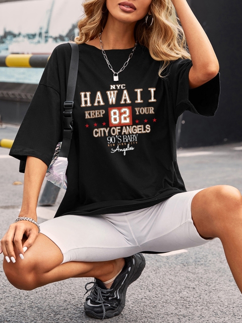 

URBANIC Women Black & Beige Printed Cotton Drop-Shoulder Sleeves T-shirt