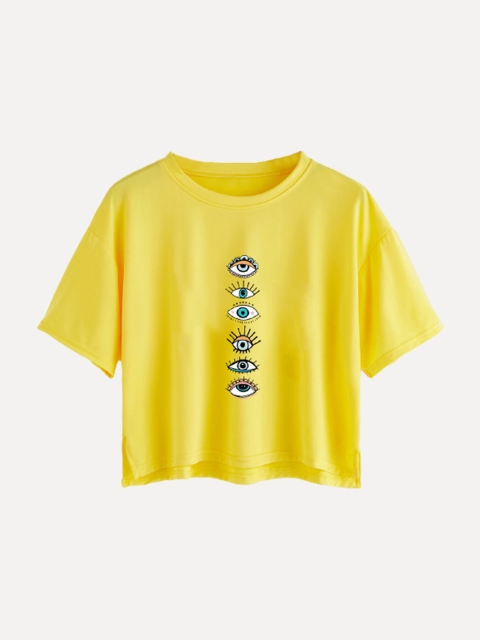 

URBANIC Women Yellow Printed Drop-Shoulder Sleeves T-shirt