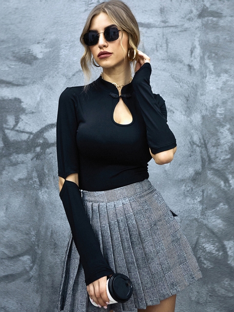 

URBANIC Black Mandarin Collar Regular Top