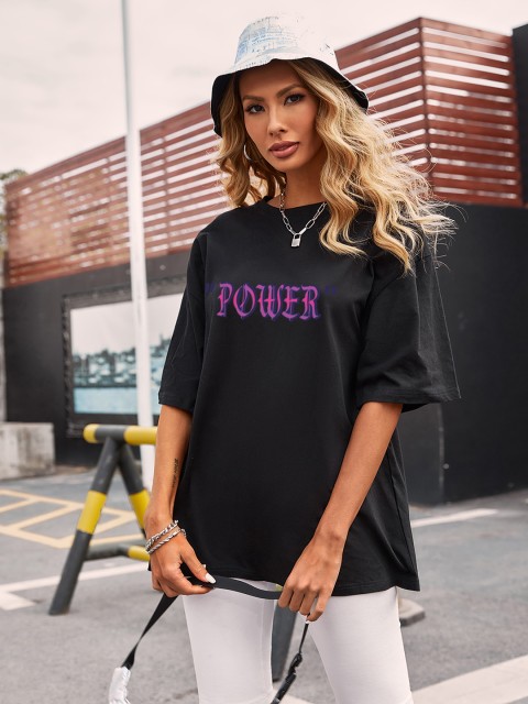 

URBANIC Women Black Printed Cotton Extra Relaxed Fit Drop-Shoulder Sleeves T-shirt