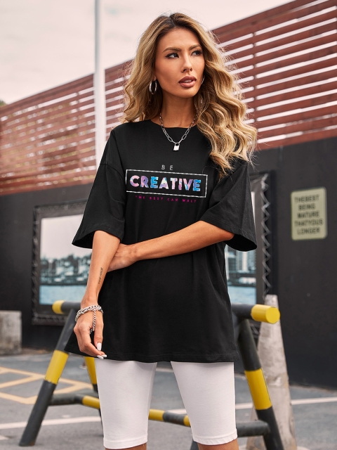 

URBANIC Women Black & Blue Typography Printed Drop-Shoulder Sleeves T-shirt
