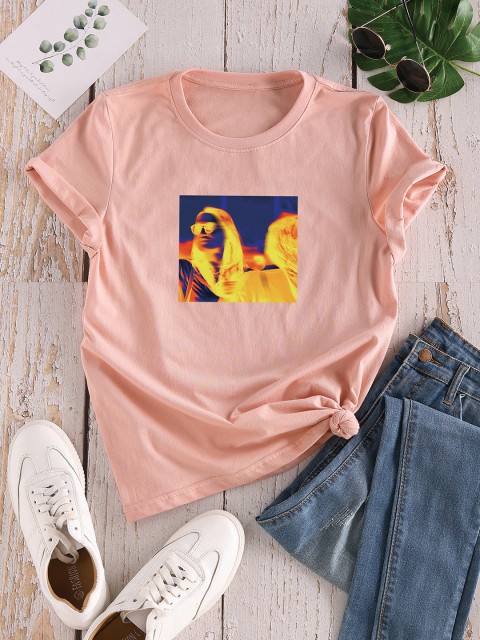 

URBANIC Women Peach-Coloured & Yellow Printed T-shirt
