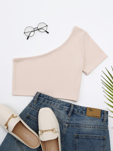 

URBANIC Off-White One Shoulder Fitted Crop Top