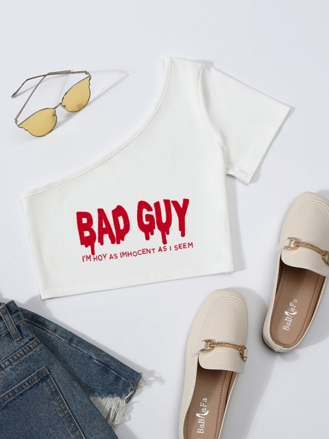 

URBANIC White & Red Printed One Shoulder Fitted Crop Top