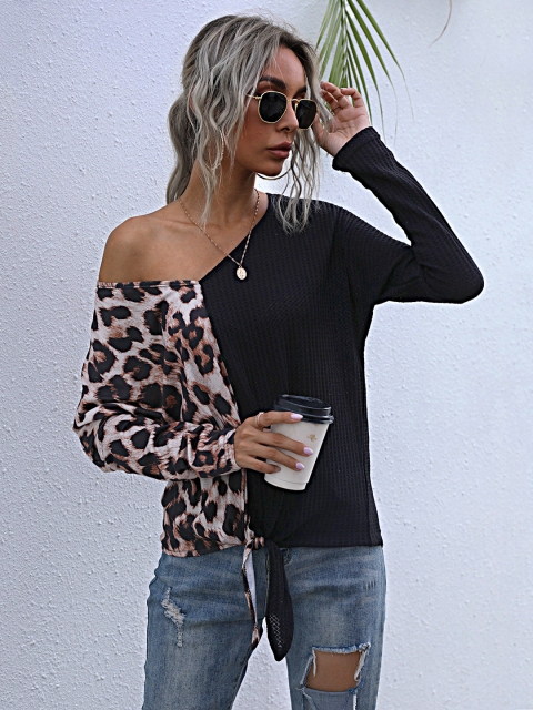 

URBANIC Black & Beige Leopard Print Relaxed Fit Regular Top