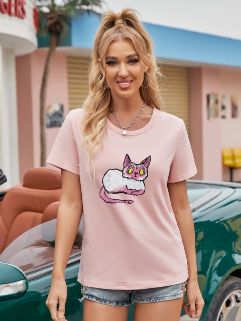

URBANIC Women Pink & White Cotton Cat Print T-shirt
