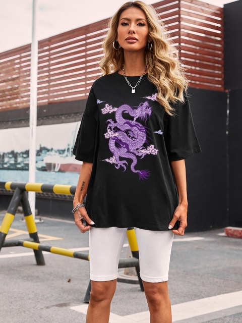 

URBANIC Women Black & Purple Dragon Print Drop-Shoulder Sleeves T-shirt