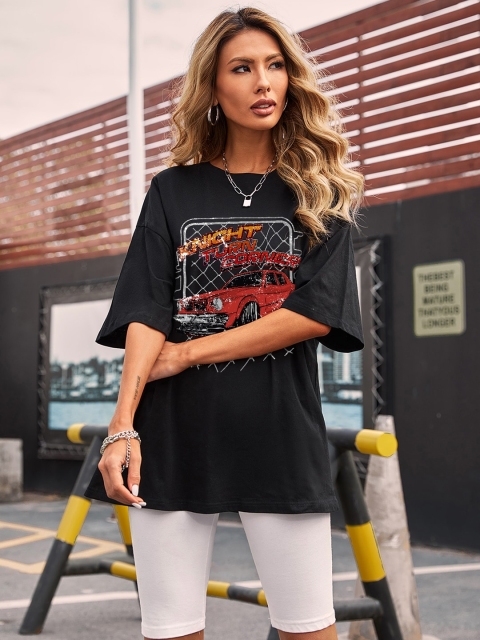 

URBANIC Women Black & Rust Red Extra Relaxed Fit Printed Drop-Shoulder Longline T-shirt