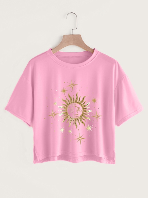 

URBANIC Women Pink & Golden Printed Drop-Shoulder Sleeves Crop T-shirt