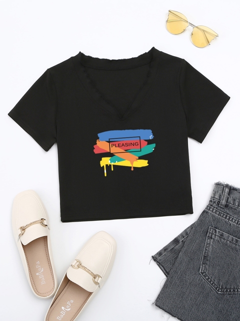 

URBANIC Women Black Typography Printed V-Neck Crop T-shirt
