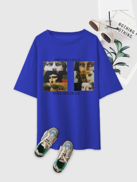 

URBANIC Women Blue Printed Drop-Shoulder Sleeves T-shirt