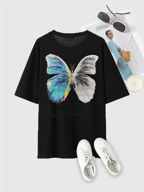 

URBANIC Women Black & White Butterfly Print Drop-Shoulder Sleeves T-shirt