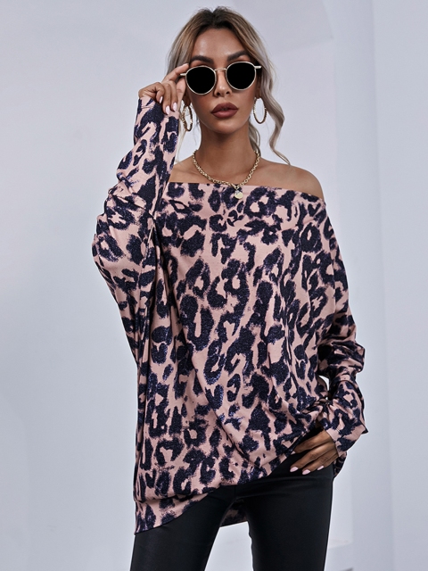 

URBANIC Women Pink & Navy Blue Leopard Print Bardot Longline Top