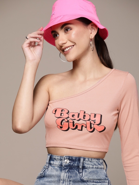 

URBANIC Dusty Pink Typography Printed One Shoulder Fitted Crop Top, Rose