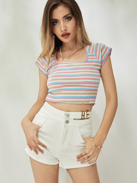 

URBANIC Women Multi-Coloured Striped Fitted Crop Top