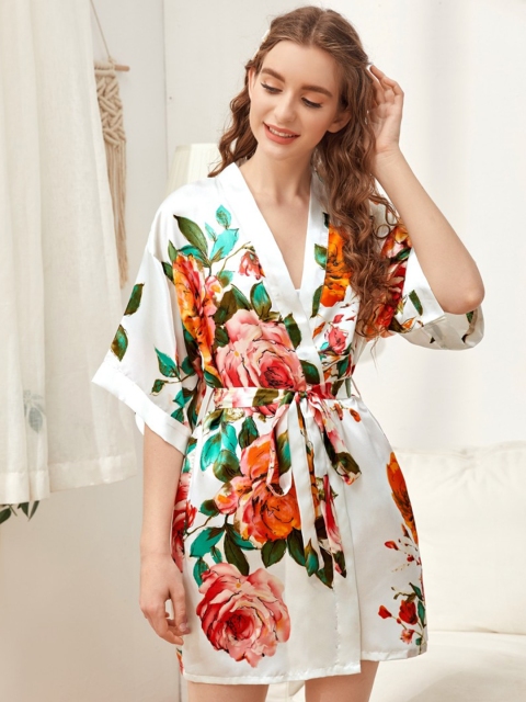 

URBANIC Women White & Red Floral Print Satin Finish Robe with Belt
