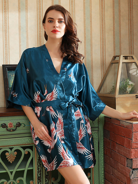 

URBANIC Women Blue & Red Conversational Print Satin Finish Robe with Belt