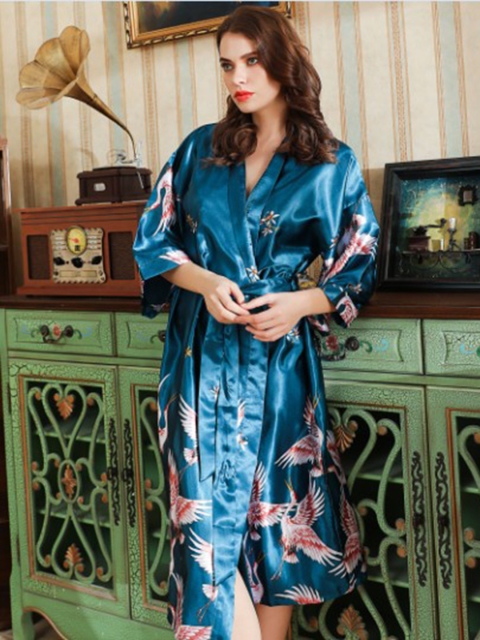 

URBANIC Women Teal Blue & Pink Tropical Print Satin Finish Robe with Belt