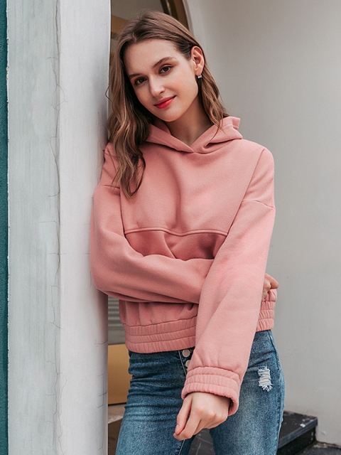 

URBANIC Women Pink Solid Hooded Sweatshirt