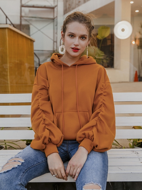 

URBANIC Women Rust Orange Solid Ruched Hooded Sweatshirt