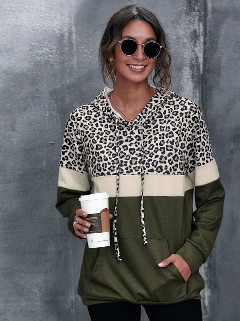 

URBANIC Women Cream-Coloured & Black Leopard Print Hooded Sweatshirt
