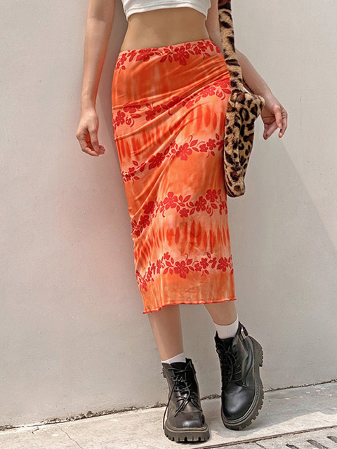 

URBANIC Orange Net Dyed & Printed Midi Straight Skirt