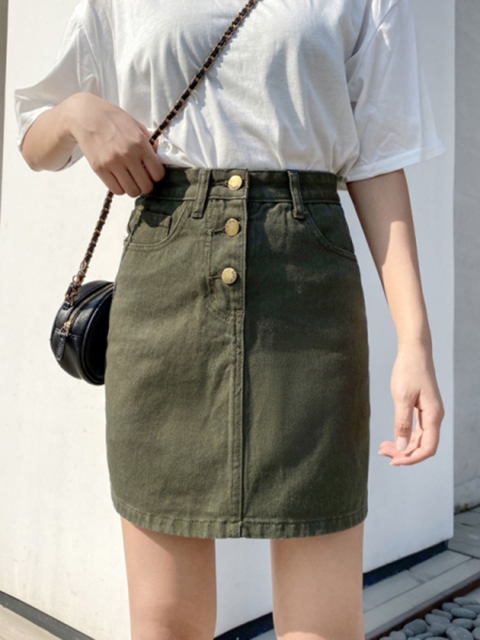 

URBANIC Olive Green Mini Denim Straight Skirt