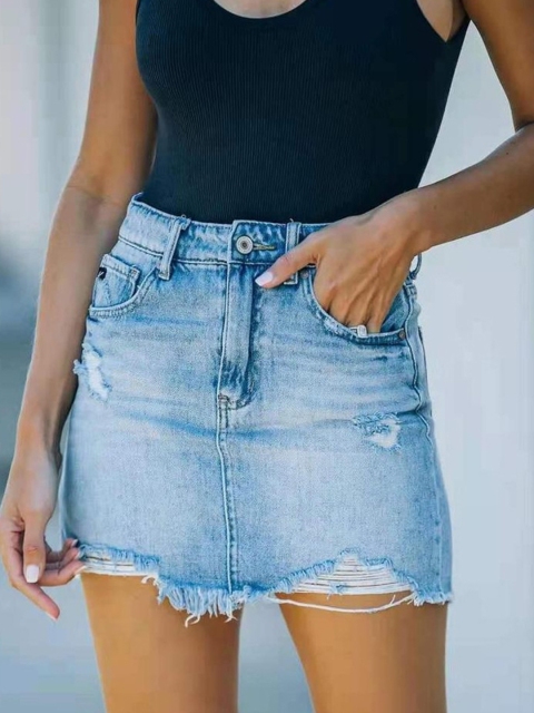 

URBANIC Blue Washed Raw Hem Straight Denim Skirt