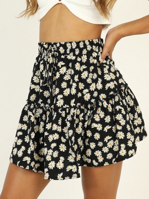 

URBANIC Black & Yellow Floral Print Mini Flared Skirt with Frill Detail