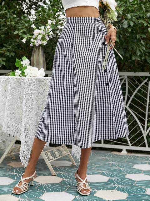 

URBANIC Black & White Checked Midi A-Line Skirt