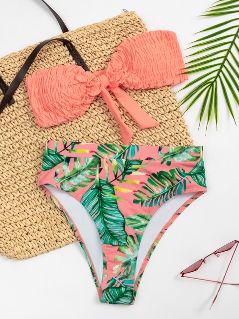 

URBANIC Women Coral Orange & Green Smocked Swim Bikini Set