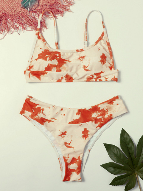 

URBANIC Off-White & Orange Abstract Printed Swim Bikini Set