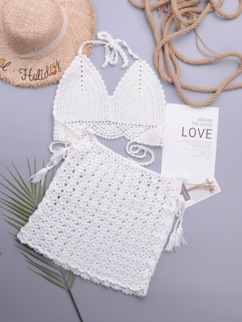 

Women White Crochet Swimwear Set