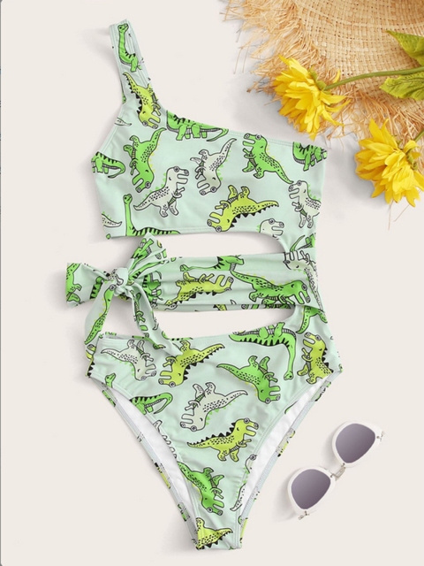 

URBANIC Green & Yellow One Shoulder Dinosaur Printed Monokini with Tie-Up Detail
