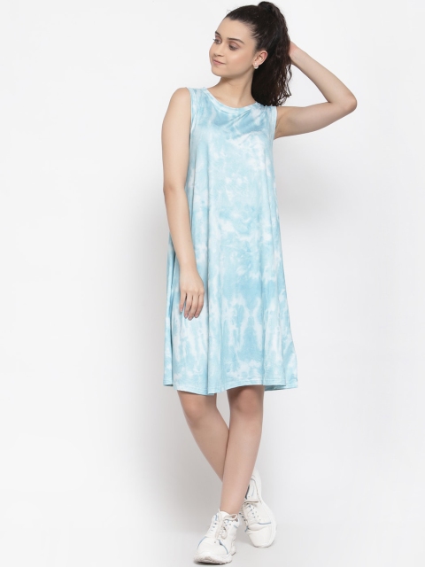 

iki chic Women Turquoise Blue & White Tie and Dye Printed A-Line Dress