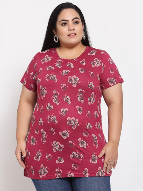 

plusS Women Magenta & Pink Floral Printed T-shirt