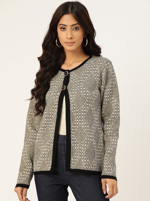 

Madame Women Black & Off White Self-Design Cardigan