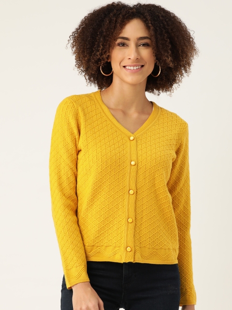 

Madame Women Mustard Yellow Checked Cardigan Sweater