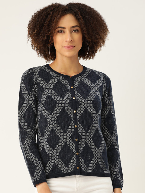 

Madame Women Navy Blue & White Geometric Woven Design Cardigan Sweater